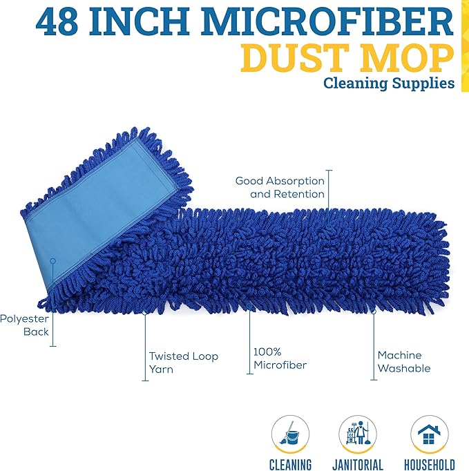 Kleen Handler 48 inch Microfiber Dust Mop | Extra Large Washable Commercial Mop Head Replacement, Pack of 3