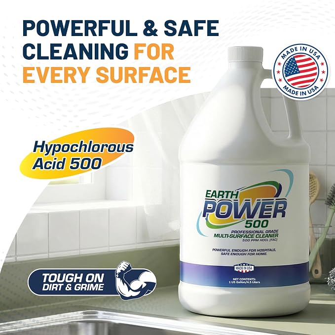 Earth Power Hypochlorous Acid 500 PPM Multipurpose Cleaner – Natural & Non-Toxic – Tile, Refrigerator, Shower, Countertop & Floor Cleaner – Family, Food & Pet Safe Cleaning Supplies – 1 Gallon