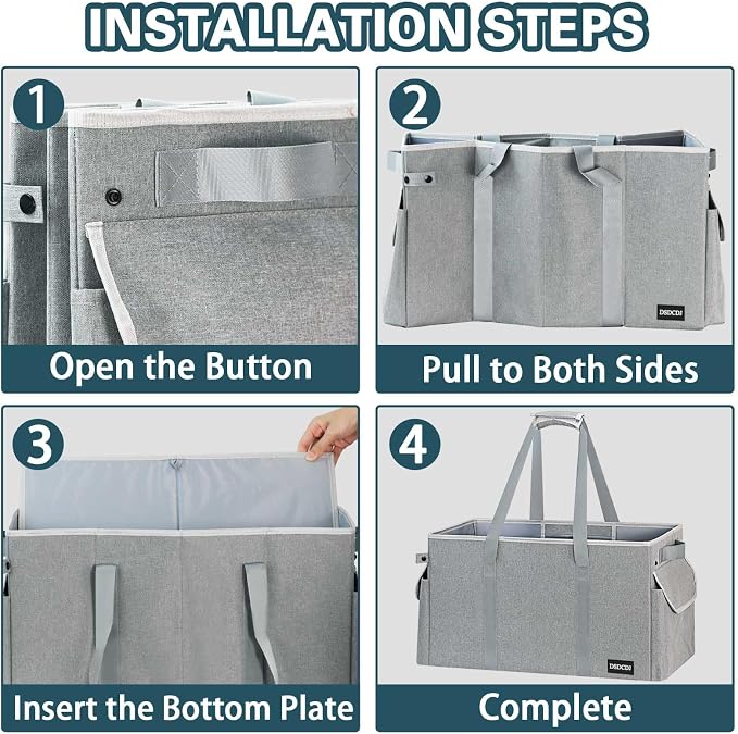 Standing Extra Large Utility Tote Bag with Hard Bottom & Hard Sides, Heavy Duty Reusable Grocery Bags with Handles & 3 Pockets for Shopping, Beach, Picnics, Car (22.5"x11"x12", Grey)