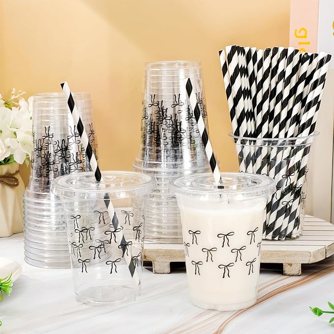 FYSUIMU 50Pcs 12Oz Black Bow Plastic Cups with Lids & Straws Cute Bowknot Clear Disposable Cups for Coquette Birthday Baby Shower Party Supplies