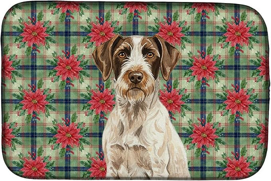 Caroline's Treasures Liver and White German Wirehaired Pointer Christmas PoinsettIas Dish Drying Mat Absorbent Dish Drying Mat Pad for Kitchen Counter Dish Drainer Mat for Countertop, 14 x 21"