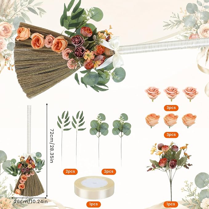 Wedding Broom for Jumping Ceremony DIY Bride Bridegroom Jump Broom Wedding Brooms with Ribbons Eucalyptus Leaves Roses for Wedding Ceremony Craft(Orange)