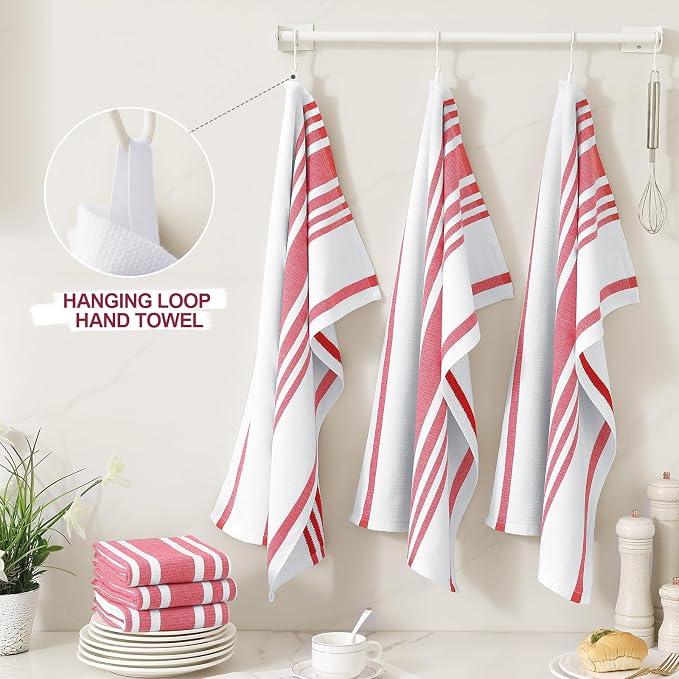 Homaxy Premium Kitchen Towels 18”x 28”, Large Cotton 380 GSM Kitchen Hand Towels, Stripe and Terry Dish Towel, Highly Absorbent Tea Towel Set with Hanging Loop, 3 Pack, Red