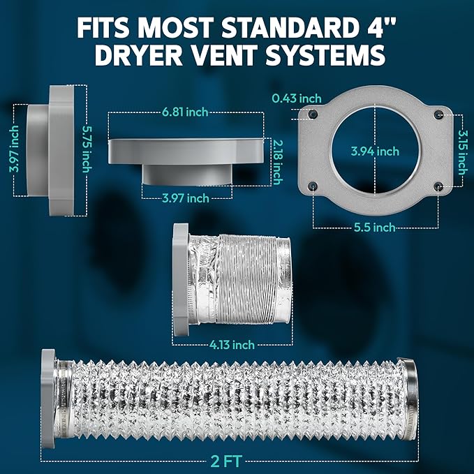 Magnetic Dryer Vent Coupling Connector Kit-DV180 Contractor-Grade Quick Connect for Tight Spaces Behind Dryer, Dual-Side Magnets, Airtight Seal, Easy to Clean, Includes 4" x 2.6ft Duct & 2 Clamps