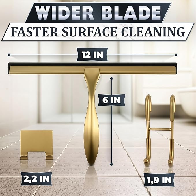 Shower Door Squeegee with Hook - 12" Silicone Blade, Stainless Steel Gold Squeegee for Shower Glass with Adhesive Mount - All-Purpose Bathroom Tile, Mirror, & Window Wiper for Streak-Free Cleaning