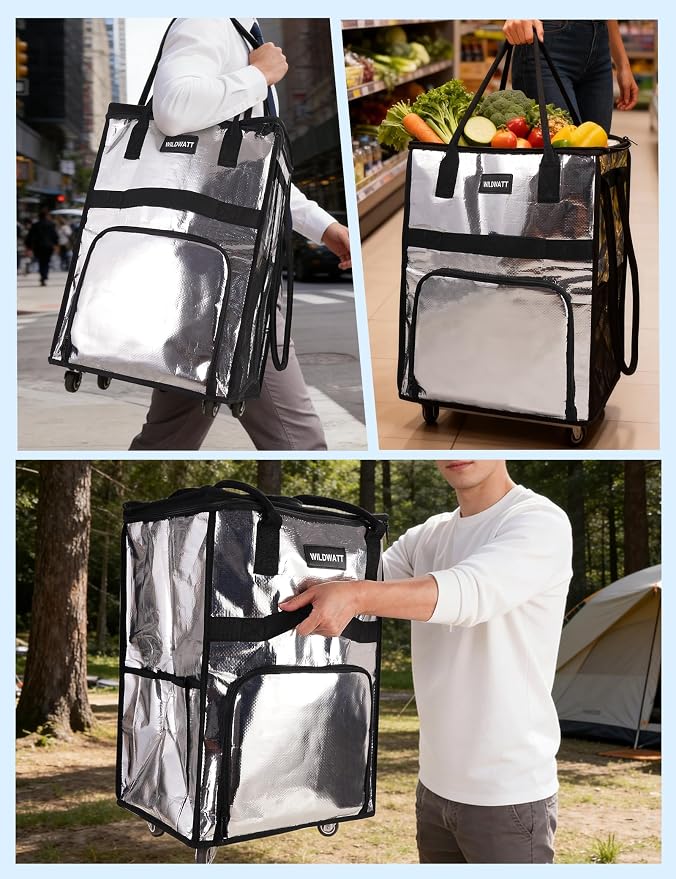 Reusable Rolling Shopping Bag with 5 Wheels, Foldable Grocery Cart Tote with Zipper, Lightweight Heavy-Duty Carry Bag Holds up to 66 lbs for Groceries, Laundry, Camping, Moving, Silver