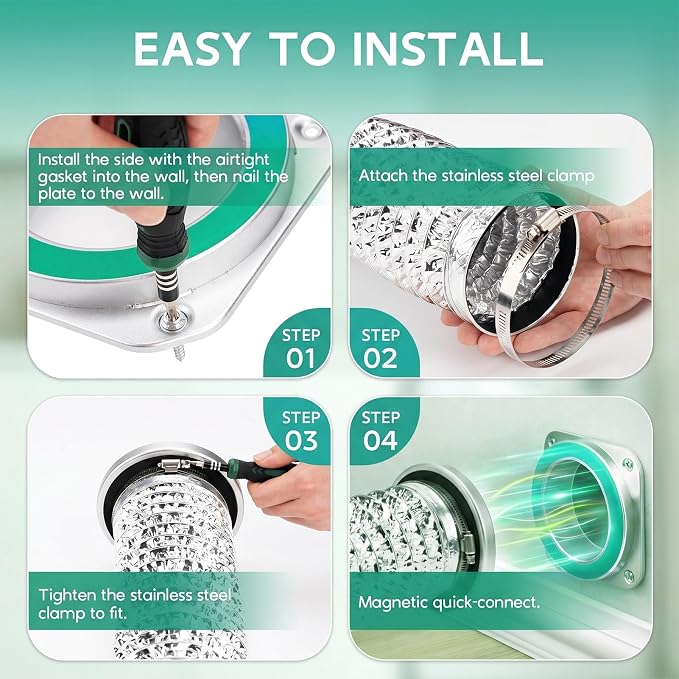 DV180 Magnetic Dryer Vent Coupling Connector Kit, Airtight Magnetic Quick-Connect for 4 Inch Hose, Easy to Clean & Maintain, Includes 2.6ft Flexible Ducting, 2 Clamps and Sealing Tape