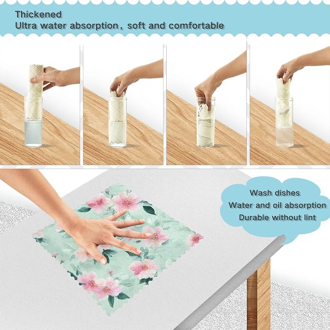 Mint Green Peony Flower Kitchen Towels Dish Cloths Set of 6 Microfiber Cleaning Cloths for Cars Super Absorbent Machine