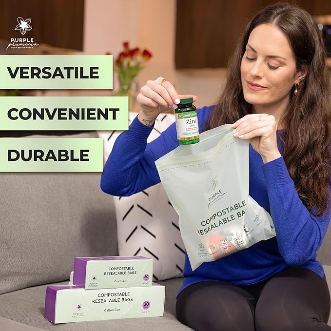 100% Certified Compostable Quart & Gallon Bags (30+50 Counts), Resealable BioBased Bags, Leak Proof And Freezer Safe, Extra Strength Storage Bags, Also Available in Snack & Sandwich Size | Biobased, Leak-Proof, Durable, Freezer-Safe, Extra Strong