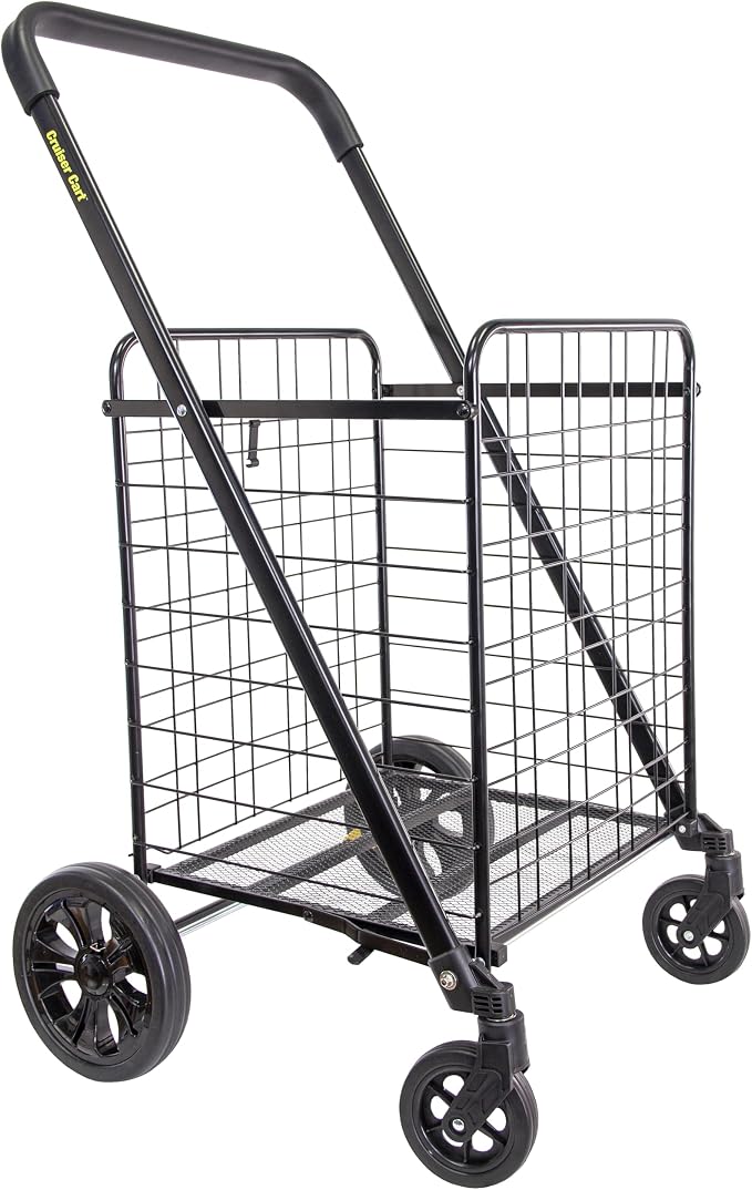 dbest Products Cruiser Cart Deluxe 2 Shopping Grocery Rolling Folding Laundry Basket on Wheels Foldable Utility Trolley Compact Lightweight Collapsible, Black