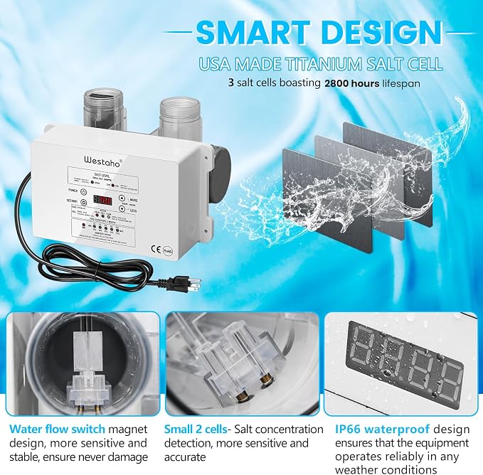 WiFi Salt Chlorine Generator, Westaho Salt Water Pool Chlorinator System with APP Remote Control, USA Titanium Salt Cell, Compatible with Intex Pool, for Above Ground Pools Up to 15,000 Gallons