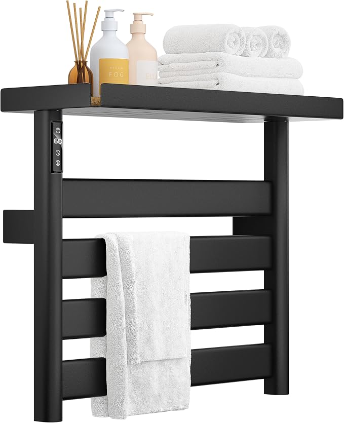 Electric Heated Towel Rack with Removable Top Shelf, Wall Mounted Bathroom Towel Warmer & Drying Rack, 158°F Fast Heating with Touch Screen Timer, Home Spa Towel Holder, Matte Black / Cream White