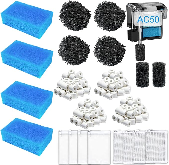 4-Set Complete 3-Stage Filter Media Kit Replacement for Fluval AC50/Aquaclear 50 Power Filter – Includes Foam, Biomax & Carbon for Freshwater & Saltwater Aquariums & Fish Tanks
