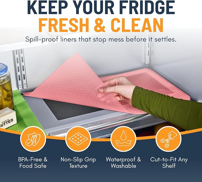 Refrigerator Liners for Shelves (12 Pack) by Linda’s Essentials - Non-Adhesive Shelf or Drawer Liner, BPA-Free Fridge Mats for Kitchen & Cabinets, Easy to Clean, Ideal Household Essentials(MultiColor)