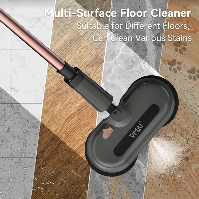 VMAI Cordless Electric Mop, Electric Mops for Floor Cleaning, Spin Mop with LED Headlight, Water Spray, Cordless Mop Up to 60 mins Detachable Battery, Floor Scrubber for Hardwood Floors