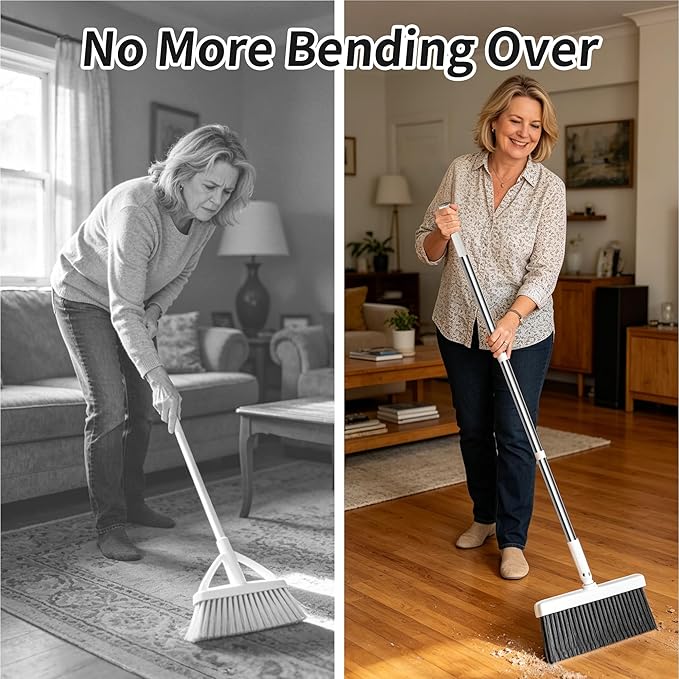 Household 53'' Broom and Dustpan Combo Set, Extra Long Handle Broom and ZeroGap Dustpan Sets with Teeth, Upright Storage Broom and Dustpan Sets for Home and Kitchen Off White