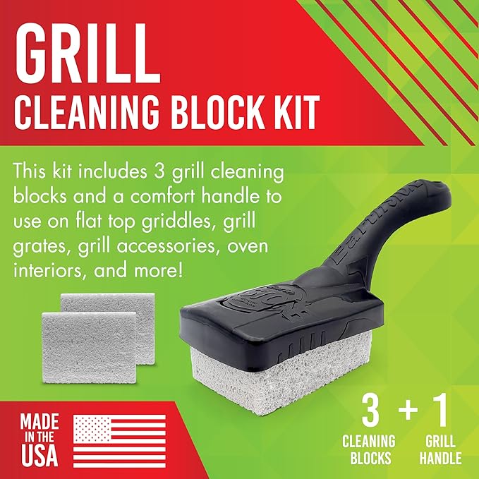 EarthStone Grill Cleaning Block Kit, Bristle Free Grill Scraper, 3 Grill Cleaning Blocks and 7" EZ-Grip Handle