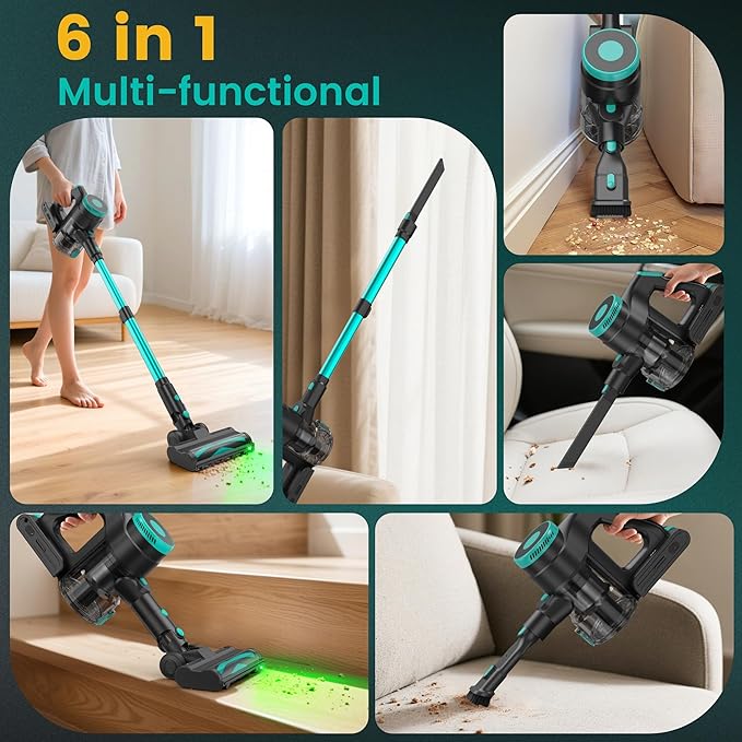Zefiro 350W Cordless Vacuum Cleaner,45Mins Runtime Vacuum Cleaners for Home, Anti-Tangle and 1.5L Dust Cup, Lightweight Vacuum for Hardwood Floor Carpet Pet Hair (Mint Green)