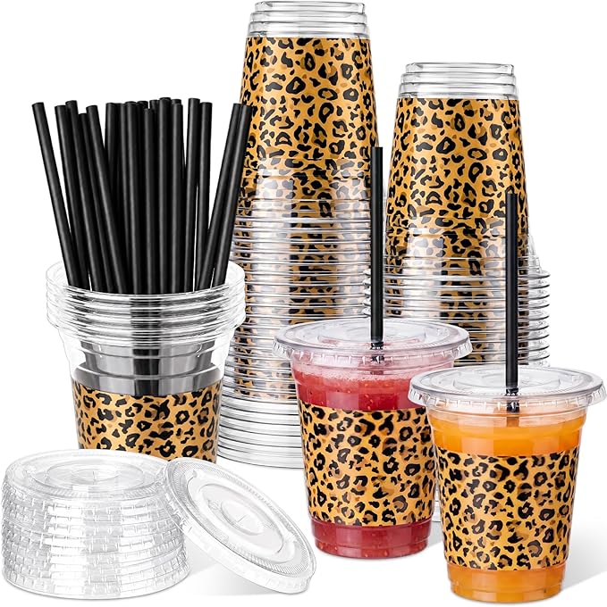 Domensi 25 Sets Leopard Print Plastic Cups with Lids and Paper Straws 12oz Cheetah Animal Disposable Drinking Cups Bulk for Cold Drinks Baby Shower Wedding Jungle Leopard Theme Birthday Party Supplies