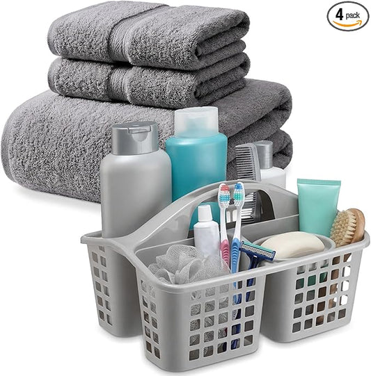 Tigeen 4 Pcs Portable Shower Caddy Basket with Compartments and 1 Cotton Bath Towels & 2 Hand Towels Plastic Divided Cleaning Caddy Organizer Storage Tote Kit for Bathroom College Dorm Room (Gray)