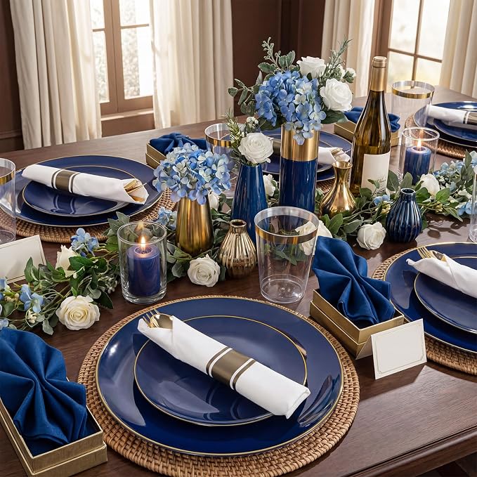 KIRE 350Pcs Blue and Gold Plates -Heavy Duty Navy Blue Dinnerware Set - 100 Plastic Plates 50 Pre Rolled Napkins with Gold Plastic Silverware 50 Cups for Party/4th of July/Wedding