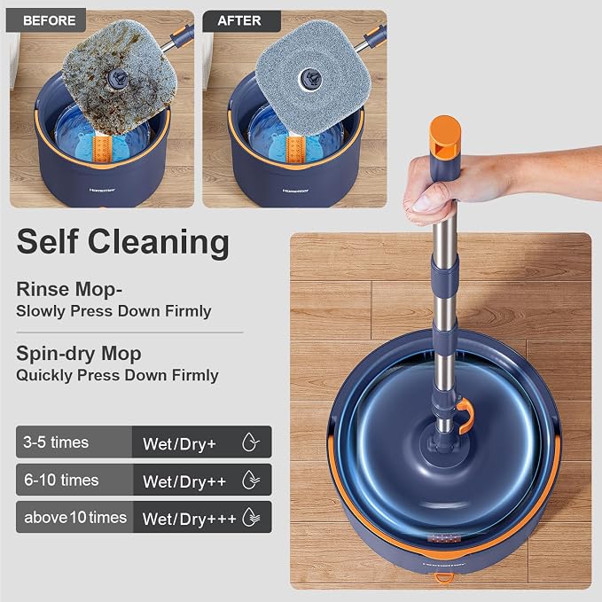 HoMettler Spin Mop and Bucket Set, Mop Bucket with Separate Dirty Water System, Deep-Cleaning Mops for Floors/Wall, Versatile Mops (Spin Mop Set with Triangular Head)