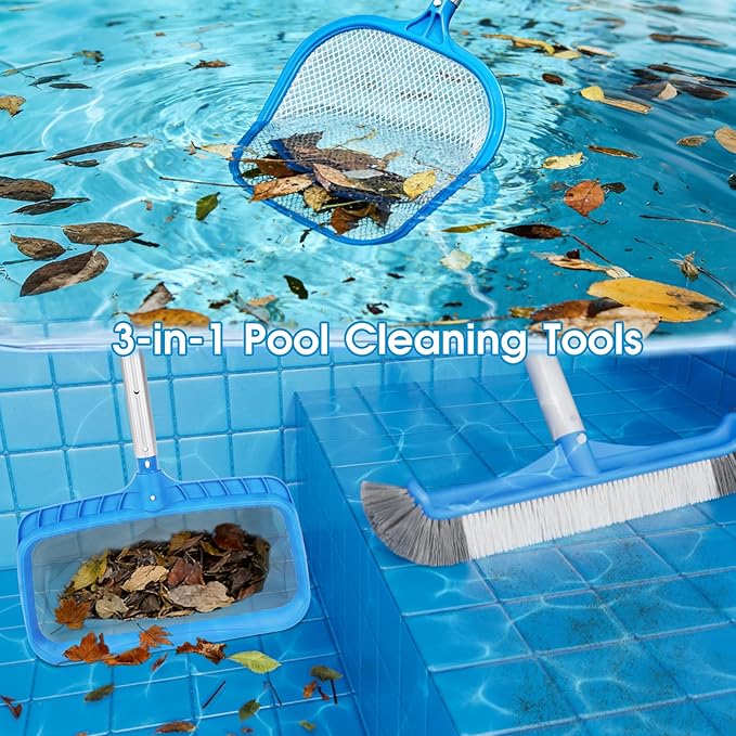 3-in-1 TidyMister Pool Cleaning Kit – 18'' Pool Net with Deep Bag & 18'' Pool Brush Head & 9'' Ultra Fine Mesh Skimmer Net, Cleaning Set for Above Ground Inground Pools, Spas, Hot Tubs