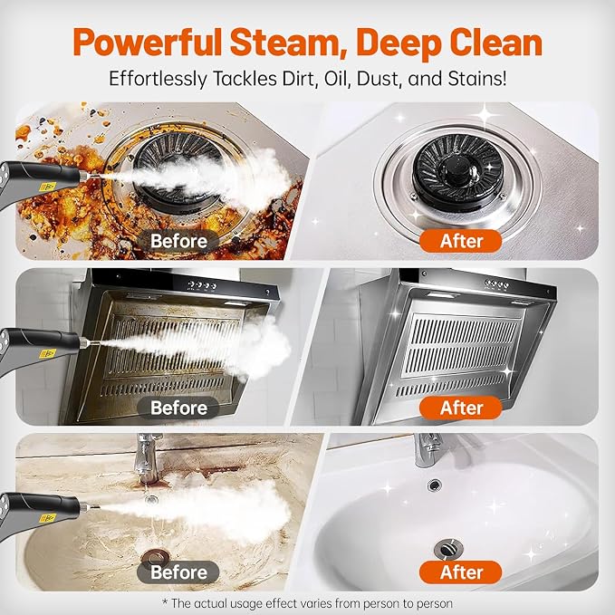 Pressurized Handheld Steam Cleaner, Portable Steamer for Cleaning with 1.2L Large Tank, 15s Fast Heat-Up, 6-Level Adjustable, Powerful Steam Cleaner for Home, Car, Kitchen, Tile, Grout(black)