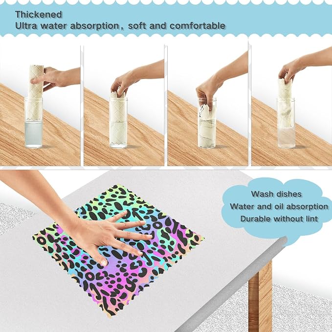 Rainbow Leopard Kitchen Towels Set of 6 Reusable Super Absorbent Dish Cloths for Washing Dishes Cars Home Machine Washable