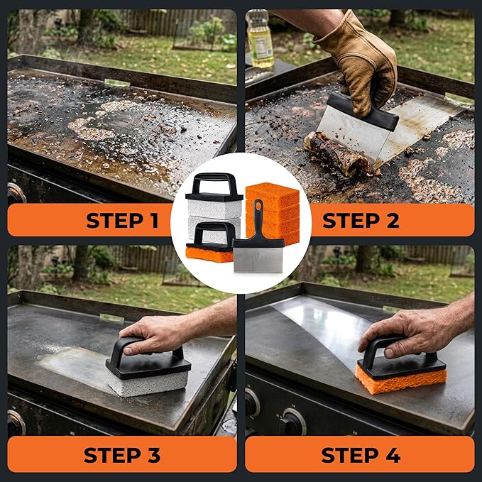 Griddle Buddy 10-Piece Griddle Cleaning Kit for Blackstone, Flat Top Grill | Stainless Steel Scraper, 2 Cleaning Bricks, 5 Scouring Pads & 2 Ergonomic Handles | Grill Cleaning kit for Easy Restoration