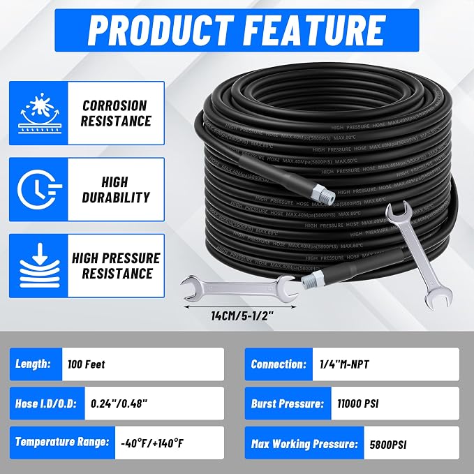 Sewer Jetter Kit 100FT for Pressure Washer 5800PSI Drain Cleaner Hose 1/4" NPT Corner Rotating and Button Hose Sewer Jetting Nozzle Waterproof Tape Pearl Corsage Pin with 2 Spanner