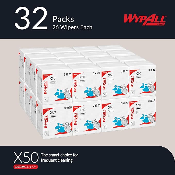 WypAll GeneralClean X50 Cloths Cleaning Wipes (35025), Quarterfold, Strong Towels for Extended Use, White (32 Packs of 26 Sheets, 832 Sheet Total)