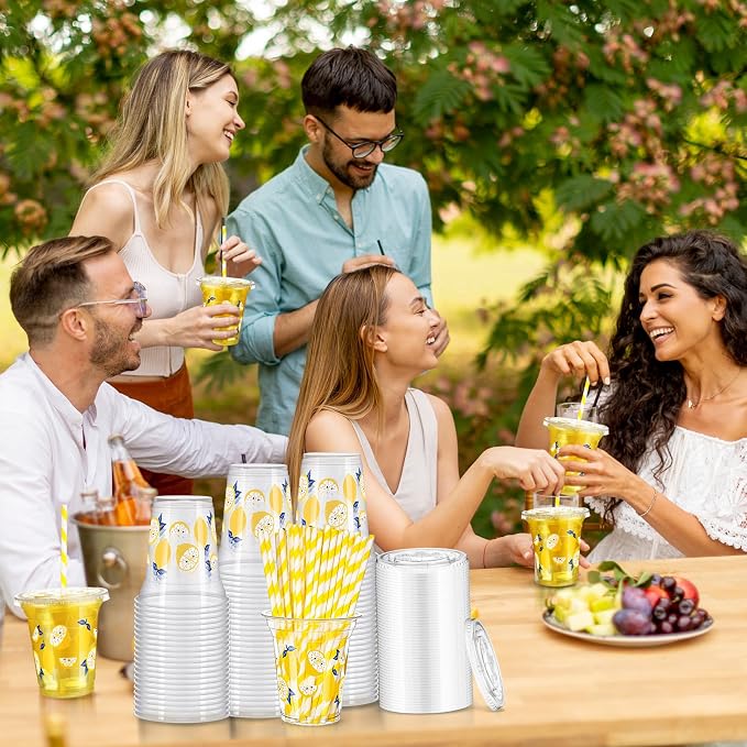 Umigy 100 Pack Plastic Disposable Cups with Lids and Straws 12 oz Disposable Cups for Juice Water Coffee Summer Party Sports Party Supplies (Lemon)
