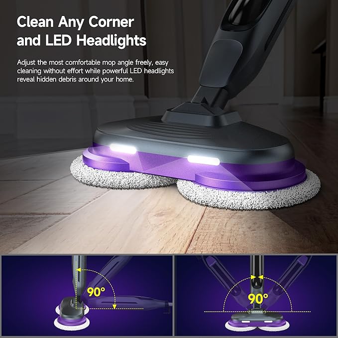 Scrub & Steam Mop with Rotating Mop Pads, LED Headlights, 6 Scrub Pads, Large Tank, Swivel Steering, Effortless Scrubbing Hard Floor Cleaner Upgraded