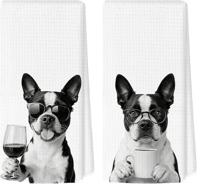 Funny Boston Terrier Kitchen Towels Set of 2, Dog Kitchen Bar Accessories, Dog Chef Gifts for Women Decorative Hand Towels for Kitchen Decor, Boston Terrier Lovers Dish Tea Towel, 16x24 Inch
