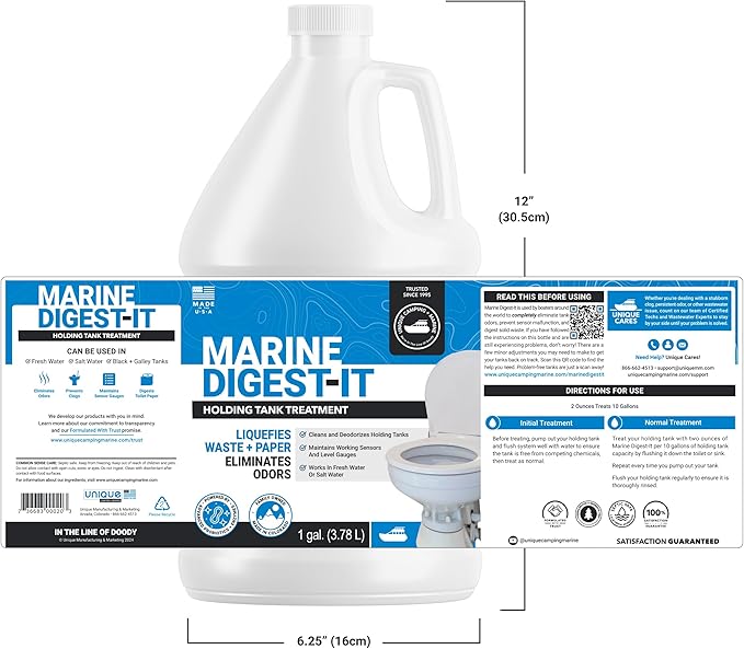 Unique Marine Digest-It Boat Toilet Treatment, Tank Deodorizer, Toilet Smell Eliminator Breaks Down Waste - 64 Liquid Treatments (128 oz.) Packaging May Vary