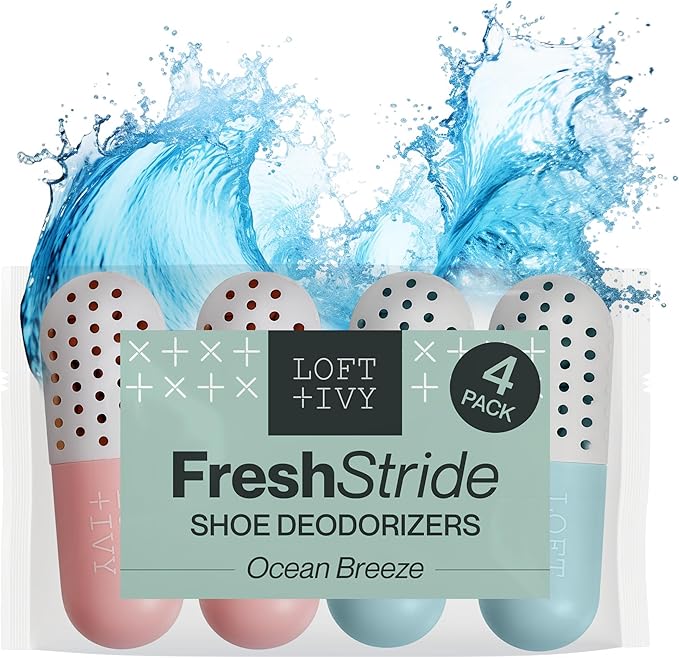 LOFT + IVY Shoe Deodorizer Balls – Ocean Fresh Scented Odor Eaters for Shoes, Gym Bags, Cars & Lockers – Compact Reusable Shoe Smell Remover Freshener Inserts – Long Lasting 4-Pack Sneaker Pills