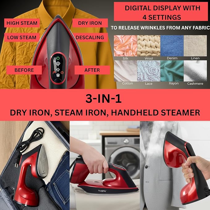 True & Tidy 2-in-1 Iron and Handheld Steamer, 1600W Dual Heating System with Ceramic-Coated Plate, LCD Display, No-Drip Technology, 3 Fabric Modes, Portable Garment Steamer for Home & Travel