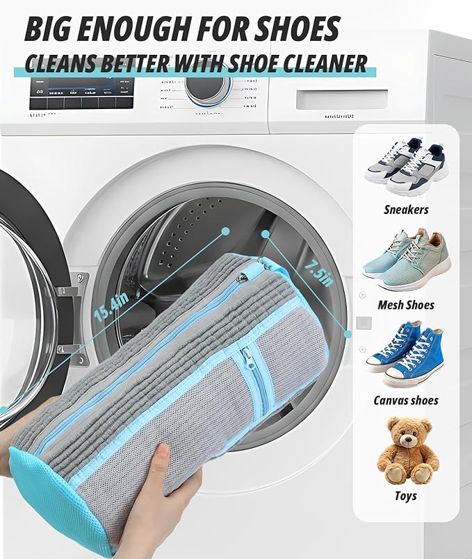 Shoe Washing Machine Bag, 4 Pack Shoe Cleaning Bag for Washer and Dryer, 360° Deep Cleaning Reusable Shoes Laundry Bags for Sneakers with Zipper Protection and Side Mesh Pouch, Gray