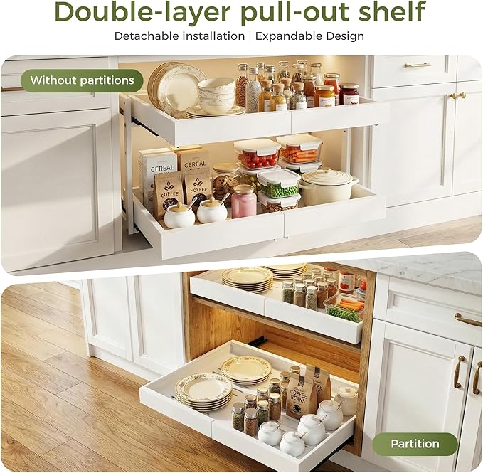Abalter Expandable Pull Out Cabinet Organizer, 2-Tier Slide Out Drawer for Kitchen Cabinets, Adjustable Width 12-18.5", Slide Out Shelves for Kitchen Countertop, Bathroom, Pantry, Heavy Duty Caddy