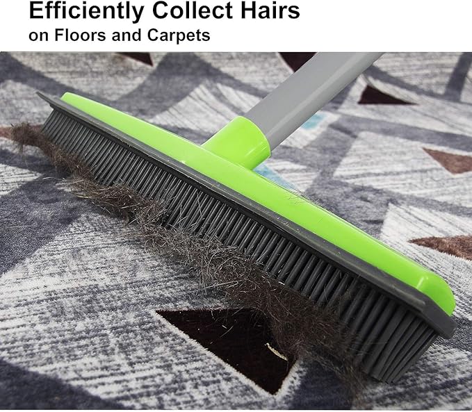 LandHope Push Broom Long Handle Rubber Bristles Sweeper Squeegee Edge 59 inches Non Scratch Bristle Broom for Pet Cat Dog Hair Carpet Hardwood Tile Windows Clean Water Resistant (Multi Segment Handle)