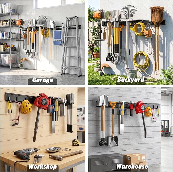 Housolution Heavy Duty Garage Wall Organizer 64 Inch - 18Pack Carries 570 lbs, Garage Tool Organizer Storage System, 4 Rails with 12 Adjustable Hooks, Garden Tool Organizer for Warehouse, Workshop
