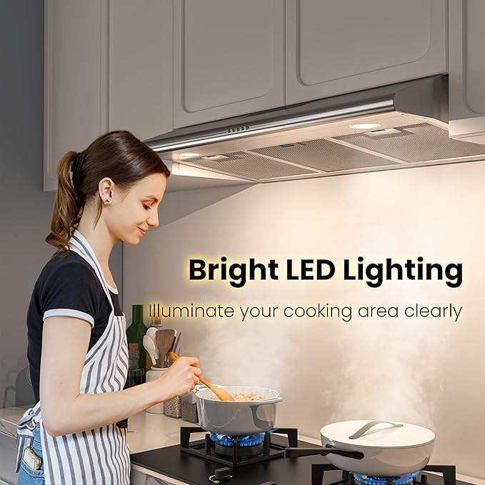 FIREGAS Under Cabinet Range Hood 36 inch with Ducted/Ductless Convertible, Slim Kitchen Vent Hood, LED Light, 3 Speed Exhaust Fan, Reusable Aluminum Filter, Push Button,Charcoal Filter