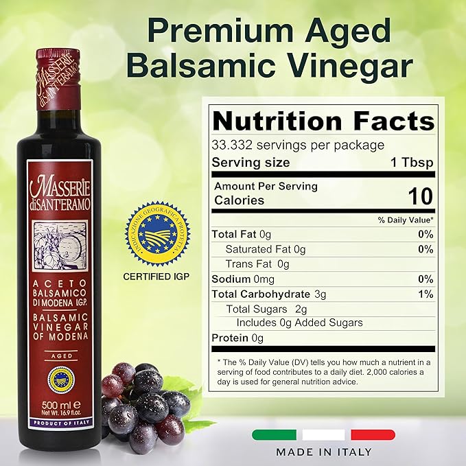 Masserie di Sant'Eramo Premium Italian Aged Balsamic Vinegar of Modena - Made in Italy, Aceto Balsamico di Modena IGP Certified, Gourmet Food Product of Italy - 16.9 fl oz (Pack 1)