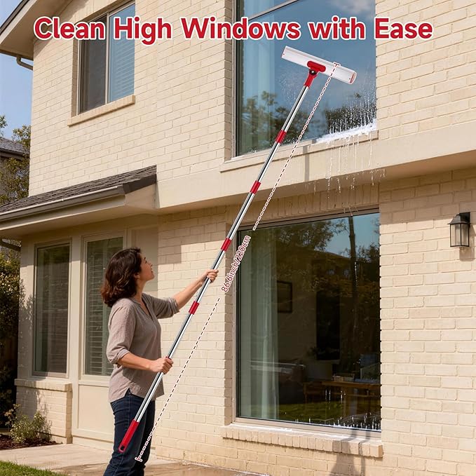 86.6" Window Squeegee Cleaner Tool, 2-in-1 Rotatable Window Washing Kit with Extension Pole & Bendable Head, Professional Glass Cleaning Equipment for High Indoor/Outdoor Windows & Car