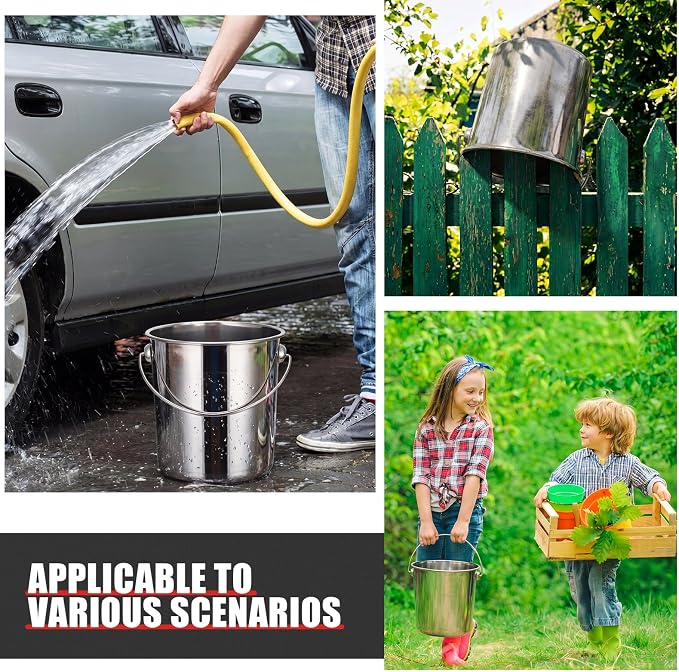 Hsei 2 Pcs Stainless Steel Bucket for Pet Cleaning, 1.3 Gallon Metal Bucket Water Pail with Handle for Fence Kennel Cage Garage Garden Workshop