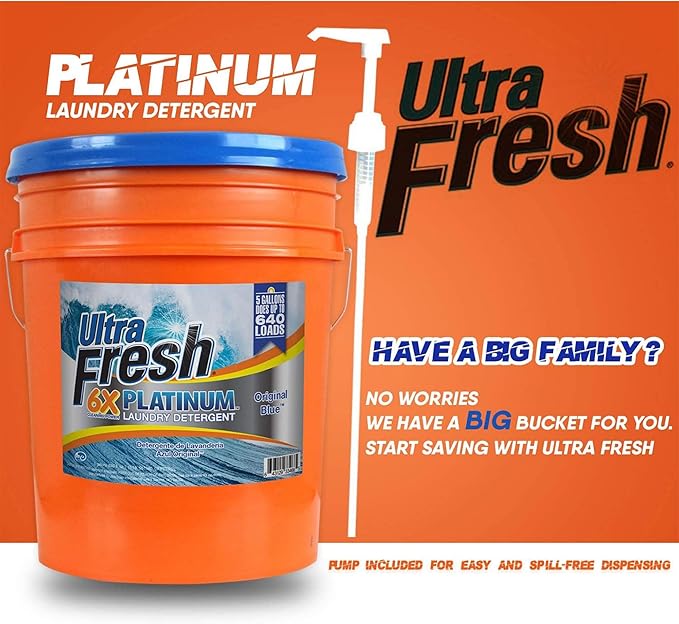 Ultra Fresh 6X Platinum 5 Gal Laundry Detergent, Original Blue Bundled with Platinum 6X Laundry Detergent Sheets with Fragrance and Dye Free