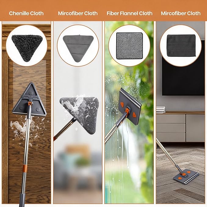 85'' Wall & Ceiling Mop with Long Handle, Wall and Baseboard Cleaner Tool, 2 Mop Heads (Triangle Corner + Square), 8 Reusable Washable Pads (Chenille/Microfiber/Scrub) for Shower Walls, Tile, Floors