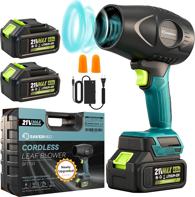 SakerNeo Cordless Leaf Blower with 2 X4.0Ah Batteries,180000 RPM Handheld Blower, Newly Upgraded Compressed Air Duster Adjustable Speed for Patio Lawn Garden Cleaning