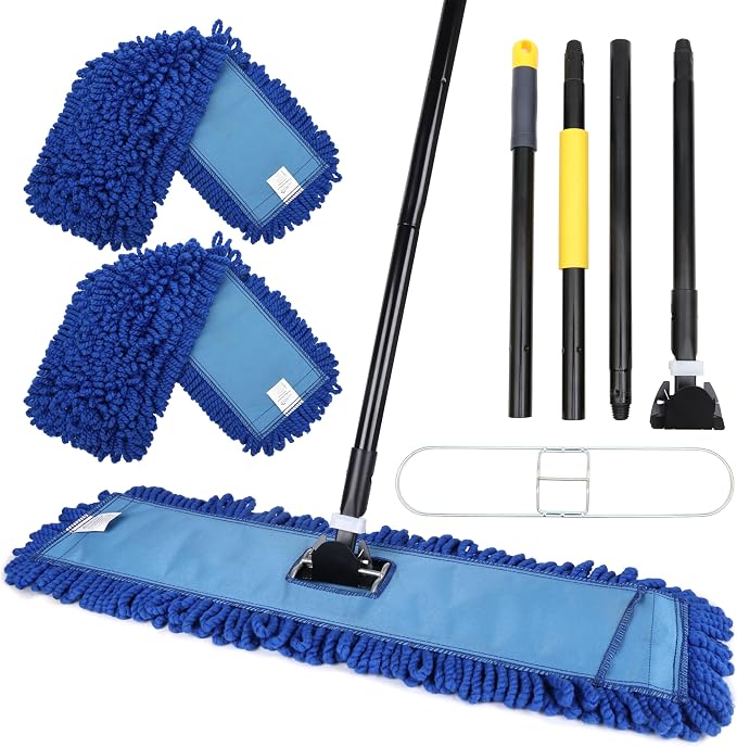 KLEEN HANDLER 24" Microfiber Dust Mop with Frame and 61" Extendable Clip-On Handle (2 Mop Heads, 1 Frame, 1 Handle), Commercial Dust Mop Kit for Floor Cleaning